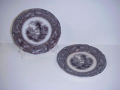 ANTIQUE MULBERRY ALCOCK VINCENNES TRANSFER DINNER PLATES SET 2 C. 1800 