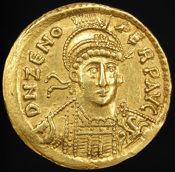 Ancient Late Roman Gold Emperor Zeno Solidus Coin  
