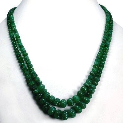   EMERALD RONDELLE CARVING BEADS NECKLACE 2 L 14 ZAMBIAN $  