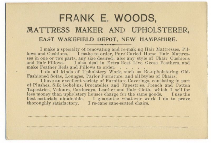 1365 Frank E. Woods upholsterer East Wakefield, NH tdcd  