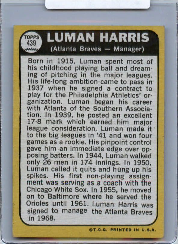 1968 Topps BB #439 Luman Harris Braves Bb68t 1444  