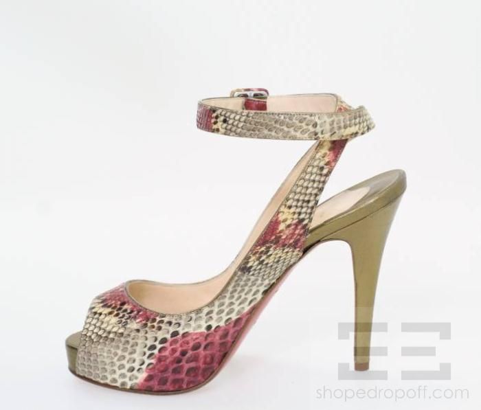 Christian Louboutin Magenta & Beige Python Peep Toe Privatita Heels Sz 