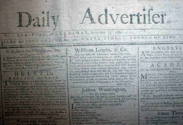 1789 NY newspaper w Engraving of EARLY HOT AIR BALLOON + 1st FEDERAL 