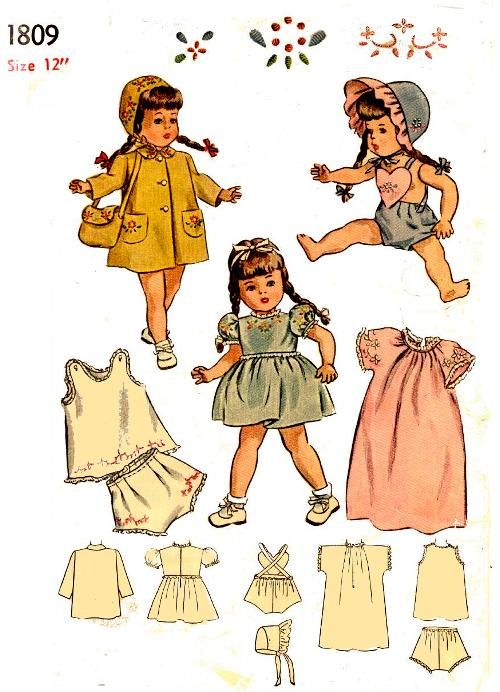 1809 12 VINTAGE DOLL wardrobe PATTERN 1940s OLD  