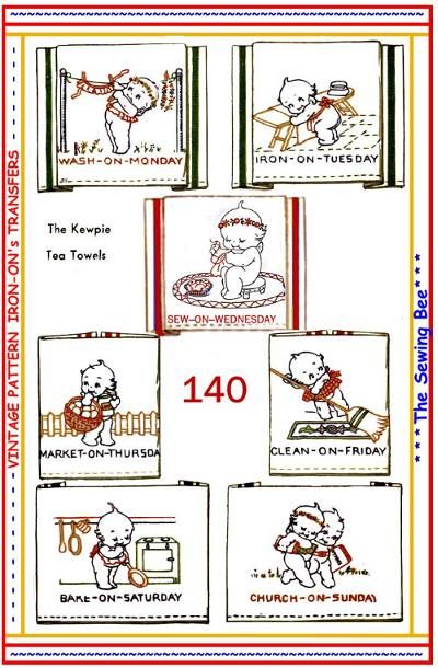 140 Kewpie tea towles embroidery iron on transfers old  