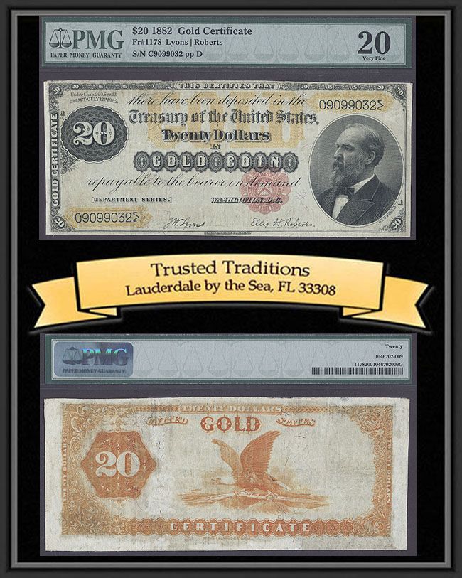 TT 1882 $20 GOLD CERTIFICATE FR # 1178 PMG 20  