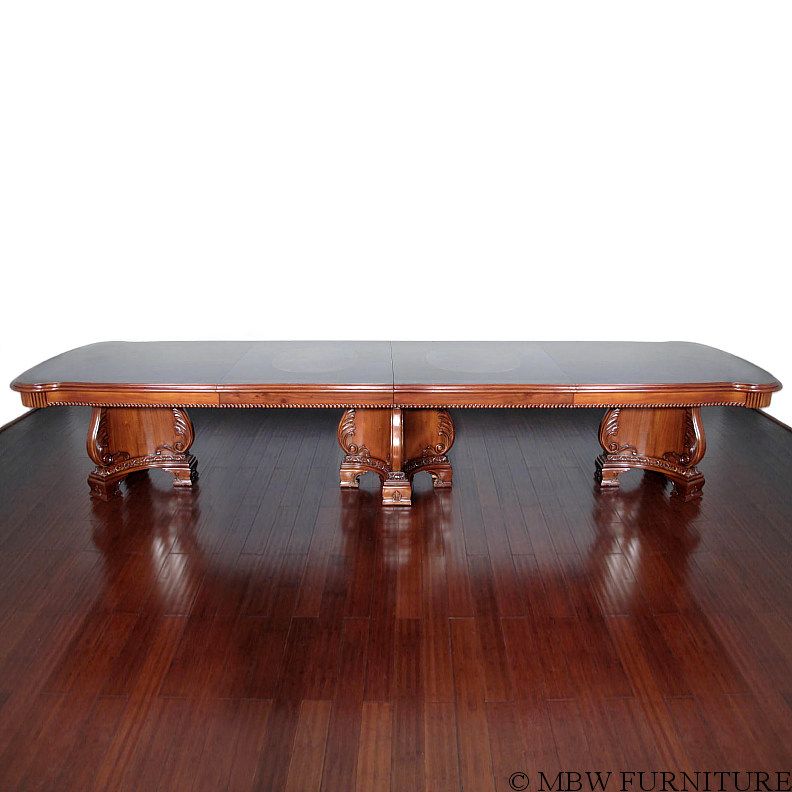 14 Ft Solid Mahogany Burl Walnut Italian Style Triple Pedestal Dining 