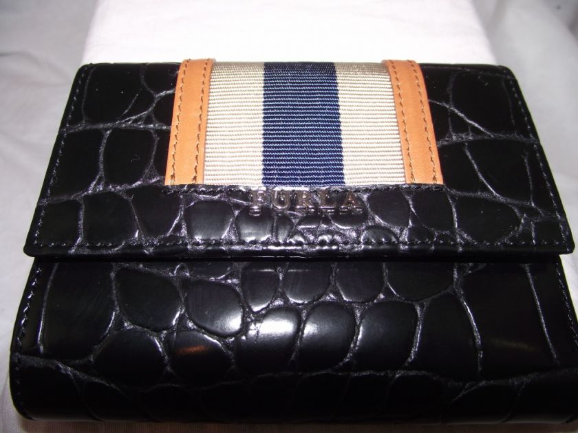 FURLA ITALY NWT WOMENS BLACK EMBOSSED WALLET WITH BROWN/BLUE STRIPE 