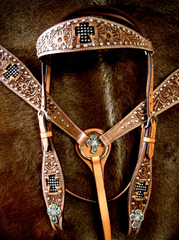 BRIDLE BREAST COLLAR WESTERN LEATHER HEADSTALL TACK CROSS SET 