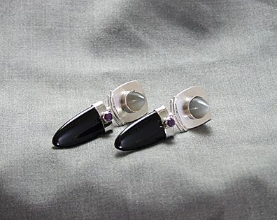 Black Onyx. Moonstones With Amethyst Accents.Earrings. Hand Made. .925 