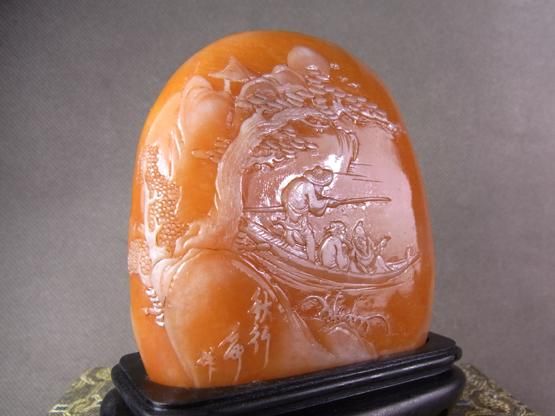 Fine Natural ShouShanStone Seal&MahoganyStand*YuChuan Lao Weng*  