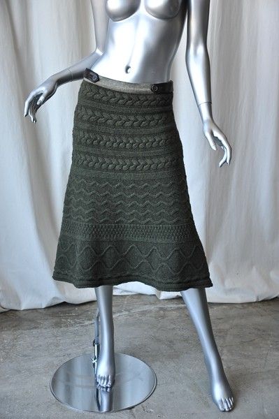 ETRO Green Cable Knit Long 3/4 Skirt Leather Band  