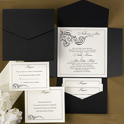 Black & Ecru POCKET w/Filigree Wedding Invitation 20%  