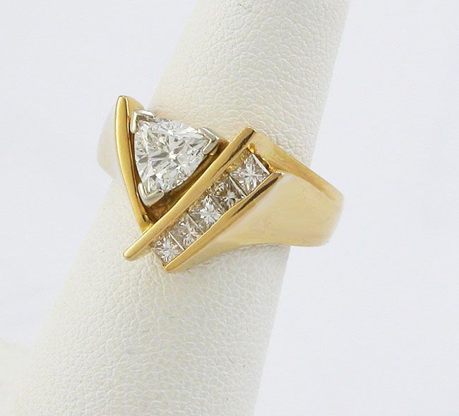 18K Yellow Gold Modern Ring Certified .81ct Trillion .38ct Princess 