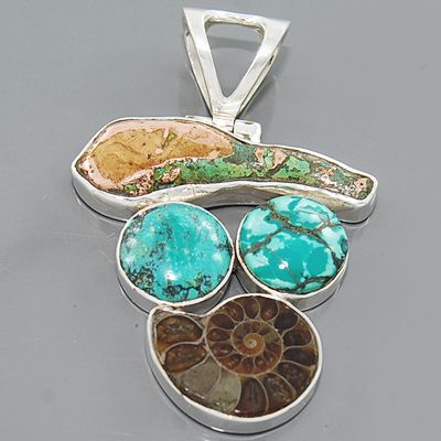 Fossil Copper Turquoise Ammonite Gemstone 925 Sterling Silver Jewelry 