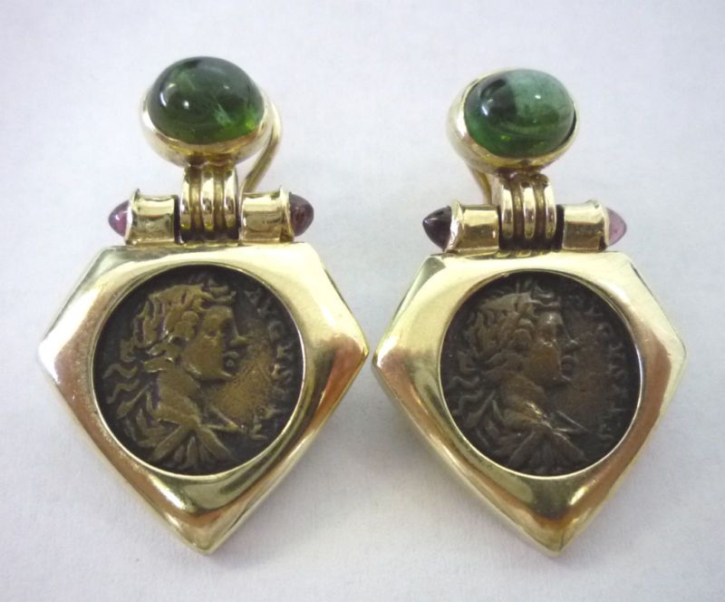 14K Gold ANCIENT GREEK COIN & Gemstone Hinged Earrings  