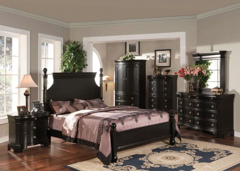 Contemporary Cottage Bedroom 5p Queen Black TV Armoire  