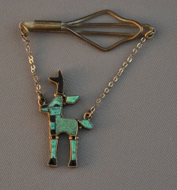 OLD ZUNI SILVER INLAID DANGLING TIE CLIP   ANTELOPE  