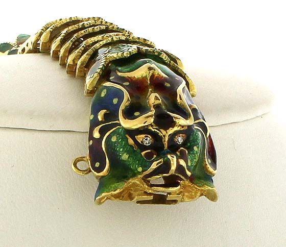 UNIQUE VINTAGE 18K GOLD & ENAMEL DRAGON HEADS BRACELET  