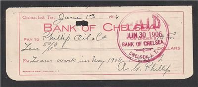 PHILLIPS OIL CO. 1906 cancelled,signed check CHELSEA, INDIAN TERRITORY 