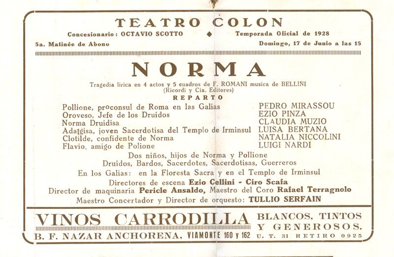 PROGRAMME COLON THEATRE OPERA NORMA MUZIO PINZA 1928  