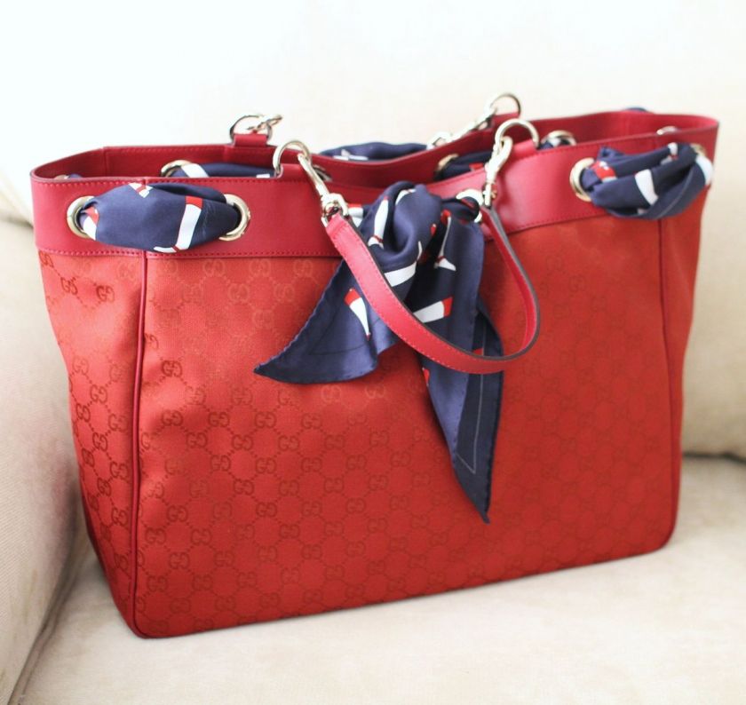 NEW Authentic GUCCI Red GG Canvas Scarf Tote Bag Top Handle Handbag 