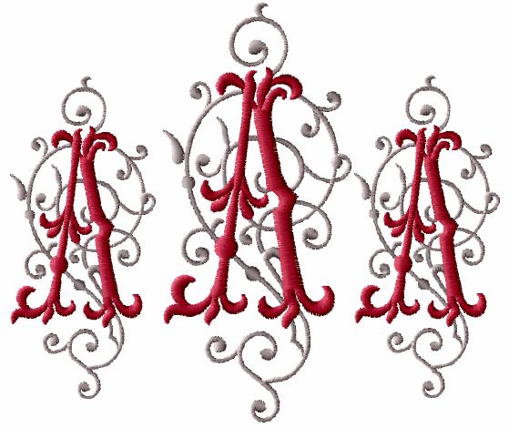 Barocco Initials machine embroidery font   natural size sample