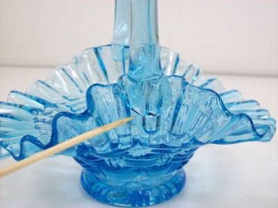 Vintage Blue Art Glass Handled Basket Candy Dish Ruffled Rim  