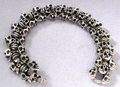 THREE ROW SKULL STERLING 925 SILVER MENS BRACELET 8  