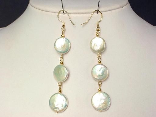 earrings 3X Biwa Coin Pearls 13mm White 14K Dangle  