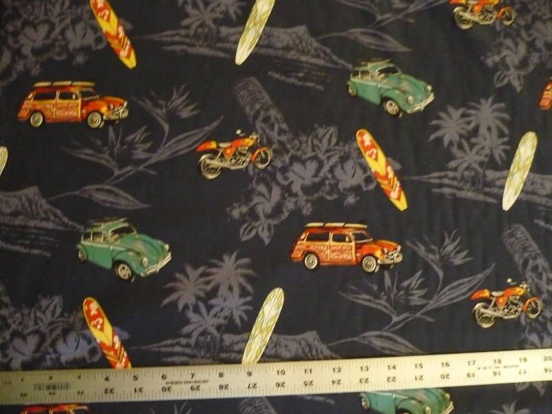 VW BUG WOODY SURF BOARD DIRT BIKE ISLAND COTTON FABRIC  