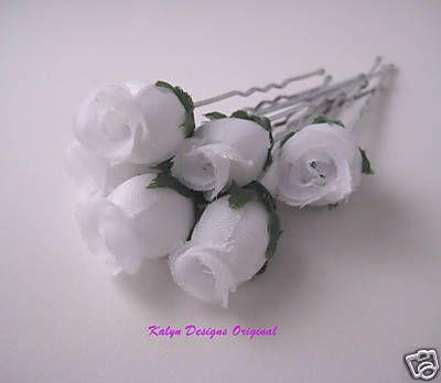 White Silk Rosebud Hair Pins~ Bridal Prom Wedding  