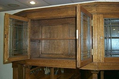   Early 1900s Gothic Mission Oak Leaded Glass Buffet Sideboard Back Bar