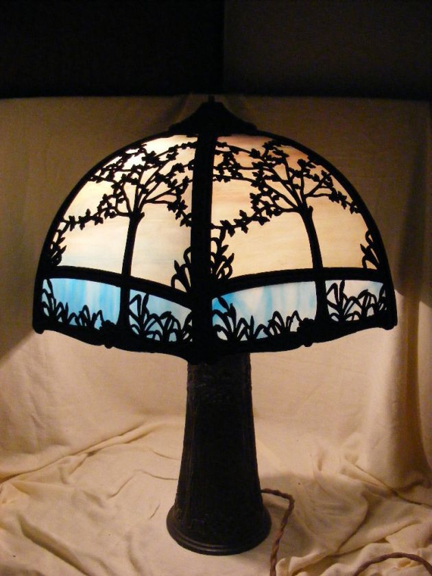   And Slag Glass Tiffany Style Table Lamp Shade Tree Design Old  