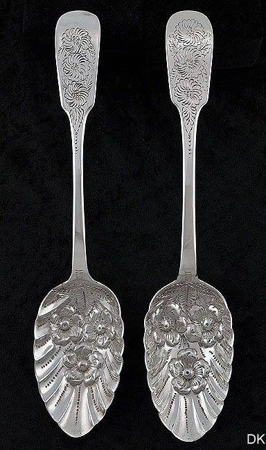 Pair of 2 Antique English Sterling Silver Berry/Serving Spoons Chased 