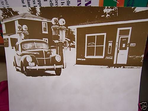 VINTAGE PRINT OF OLD CAR,GAS PUMPS AND COKE SIGN  