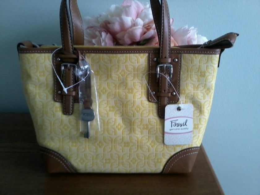 Fossil Signature Medium Satchel/Tote Bag Yellow/Brown New  