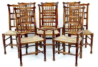 SET OF 6+2 FRUITWOOD SPINDLEBACK CHAIRS WITH RUSH SEAT  