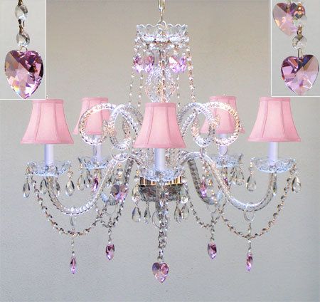 CHANDELIER LIGHTING W/ CRYSTAL PINK SHADES & HEARTS  