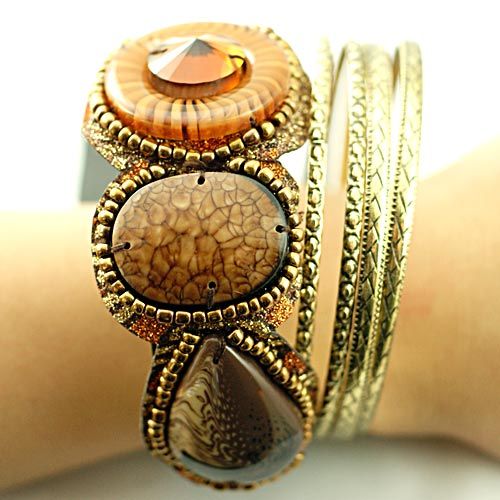 d6658 Wide Golden Bronze Tone Gem Beads Bracelet Bangle  