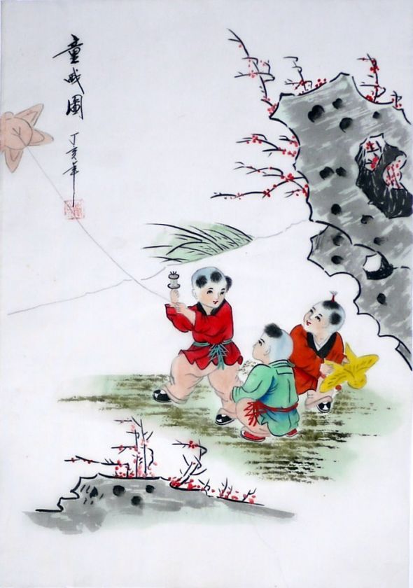 oriental asian chinese silk painting boy children kids  