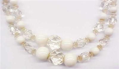 Vintage Milk Glass & Crystal Beaded Necklace ~16  