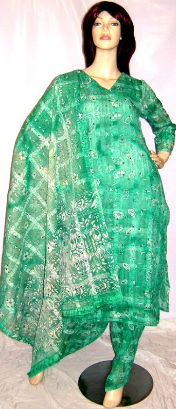 Brand New Cotton 3 piece Stylish Green Printed & Embroided with 