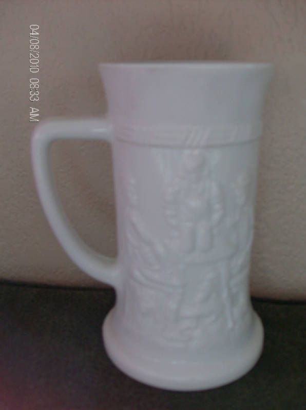 Opaque White Milk Glass Beer Mug Stein w/ Tavern Scene  