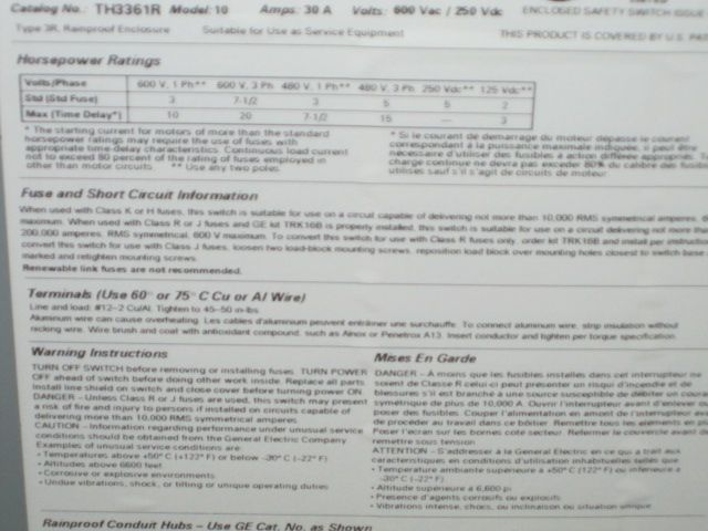 GE 30 AMP NEMA TYPE 3R SAFETY SWITCH ENCLOSURE TH3361R  