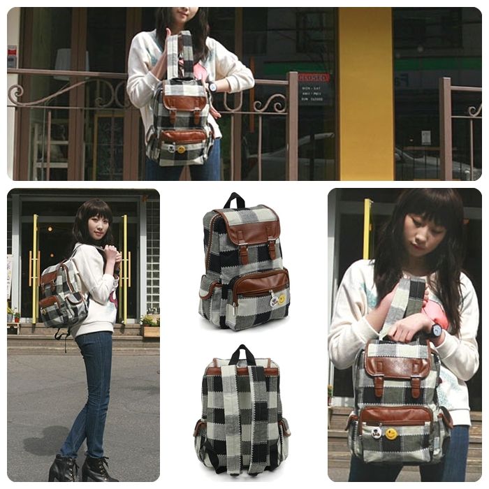 New SCHOOL BAG Korean Style Check Pink Backpack Bookbag for Women 