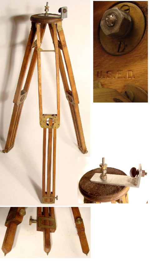 Old Antique U.S.E.D. WOOD & Brass Surveying Transit Camera TRIPOD 