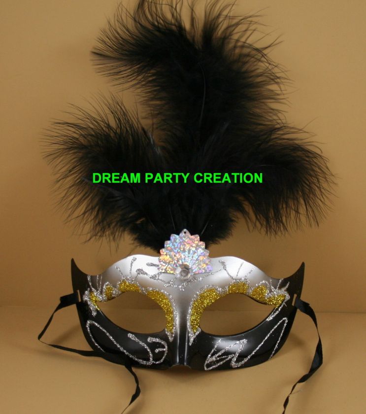 SILVER BLACK Feather MardiGras MASQUERADE Glitter MASK  