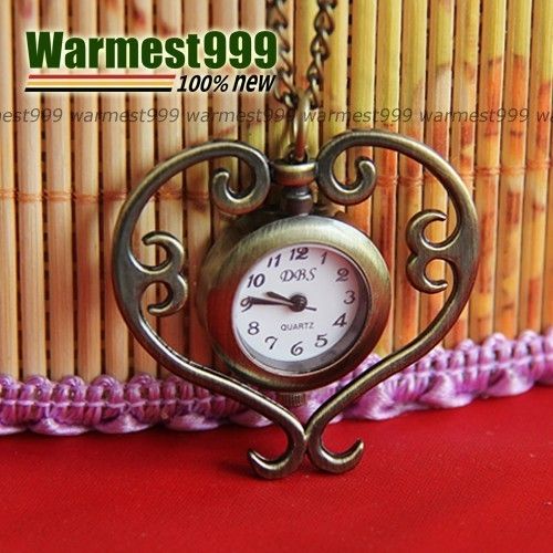 Antique Bronze Brass Love Heart Quartz Pocket Watch Pendant Necklace 1 