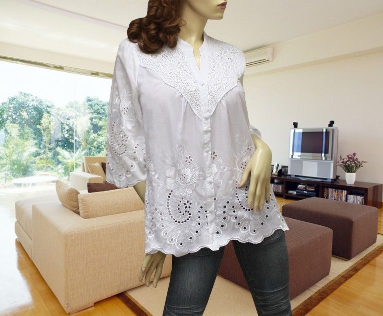 WHITE APPLIQUE LACE EMBROIDERY CARDIGAN TOP SZ L/XL #1254  